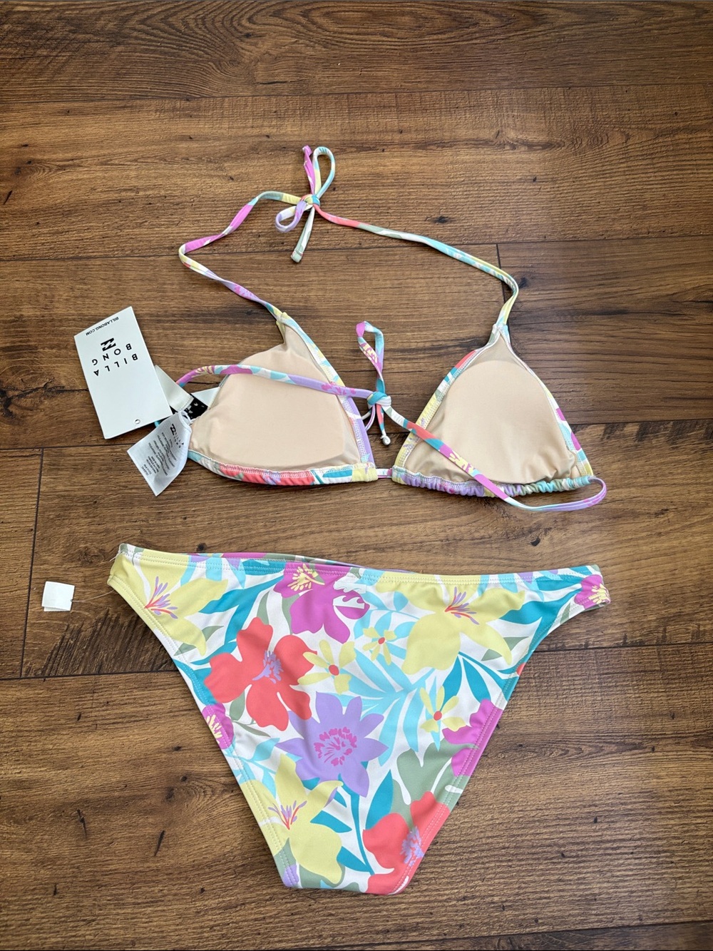Billabong Pastel Floral Triangle Bikini in Pink, Yellow & Mint - Picture 2 of 3